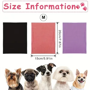 Elastic pet grooming earmuffs for dogs in black pink and purple with size chart details