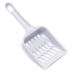 Detail view of purple plastic cat litter scoop with hollow long handle and large sifting holes