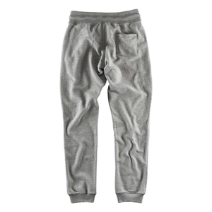 Rear view of light grey cotton sweatpants showing back pocket and knitted fabric texture