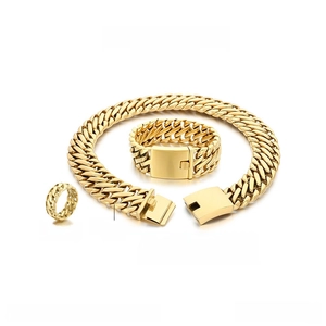 Detailed view of heavy gold stainless steel Cuban chain jewelry set including necklace and ring