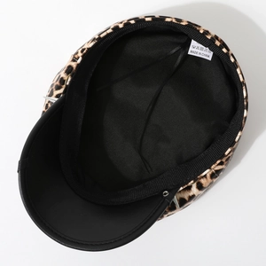 Leopard print newsboy cap with black faux leather brim and silver rivet details