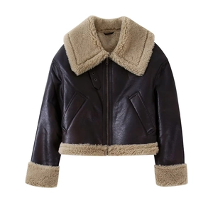 Veste Biker En Similicuir Pour Femme Manteau Moto PU Chaud D'Hiver Avec Col Revers En Fausse Fourrure Streetwear