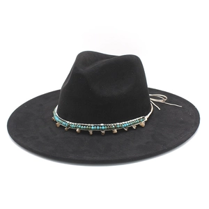 Classic black suede wide brim fedora with turquoise beads and metallic chain decoration