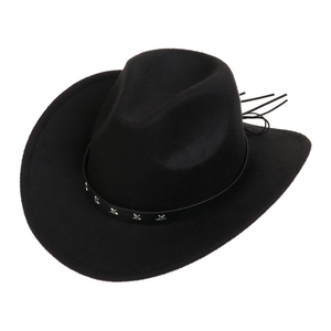 Detail of black felt cowboy hat featuring leather band with metallic star ornaments
