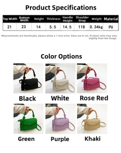 Detailed size specifications and color options for the striped PU leather crossbody bag