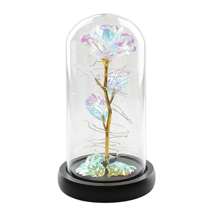 Holographic rose in glass dome with LED fairy lights and gold stem on black base