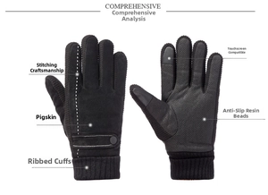 Detail of pigskin gloves showing non-slip palm grip and touchscreen fingertips