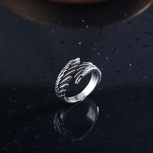 Vintage angel wing open ring with detailed silver feather texture for men and women