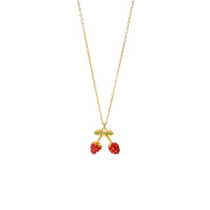 18K gold plated stainless steel necklace featuring a cute red enamel double strawberry pendant
