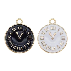 Golden round clock pendants with black and white enamel and bunny ear needle details