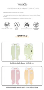 Detail view of baby-collar pet jumpsuits showing buttons and bear patches in three colors
