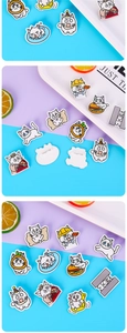Detail of cute acrylic cat brooches featuring various feline poses and secure metal pins
