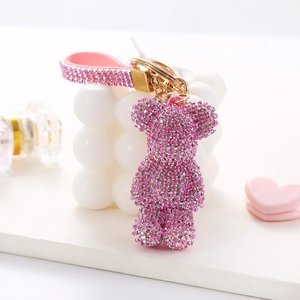 Pink rhinestone cartoon bear keychain with matching lanyard and gold metal clip