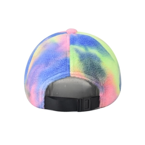Detail view of colorful tie-dye fleece baseball cap with adjustable black back strap