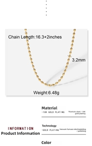 Detail showing 18K gold-plated titanium necklace with size and material specifications