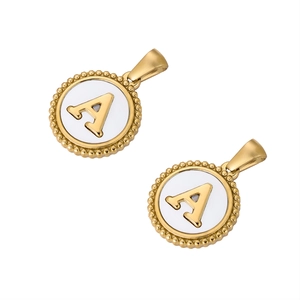 Golden round pendant with beaded edge featuring a white letter A on a clean white background