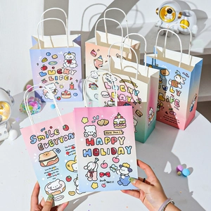 Set of cute cartoon animal kraft paper gift bags with handles for birthday party treats