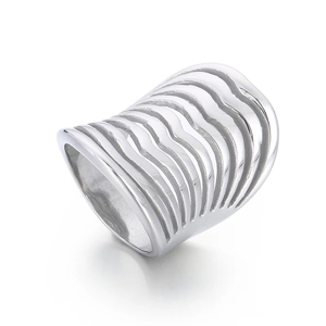 Polished silver stainless steel wide wave ring shown from a 45-degree angle
