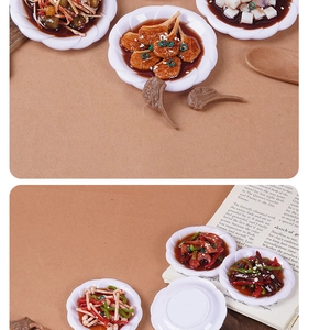 Detailed macro view of 8cm miniature Chinese food models on white scalloped plates