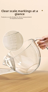 Macro detail of a 1000ml glass rice washer bowl with ergonomic handle and drainage filter