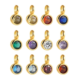 Set of 12 gold plated circular pendants with colorful round zircon stones for DIY jewelry