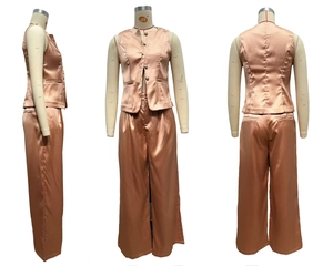 Three-sided view of champagne satin suit set with buttoned vest and wide-leg trousers