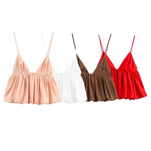 Débardeur Satin Femme Col V Bretelles Spaghetti Dos Nu Soyeux Volants Peplum Top Été