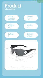 Size guide for kid5503 unisex Y2K shield sunglasses with dimensions and PC frame material