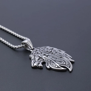 Nordic Viking horse head pendant necklace with Celtic knot patterns in silver finish