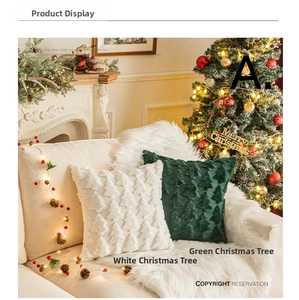 Close-up of tufted Christmas tree patterns on soft plush festive decorative pillows