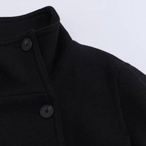 Dettaglio cappotto nero in lana con collo alto e particolare dei bottoni e tessuto
