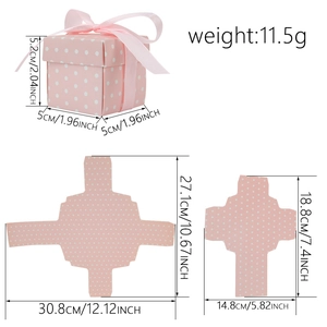 Pink polka dot square candy gift box with silk ribbon and size specifications