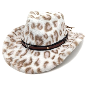 Detail of leopard print western cowboy hat featuring silver bull head buckle and studs