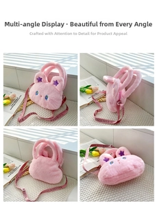 Detailed views of a pink plush rabbit crossbody bag with soft ears and ESSENEE strap
