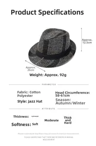 Size chart for plaid fedora hat with dimensions, fabric details and weight specifications