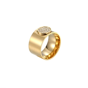 Fashion wide band gold ring with luxury circular pave-set cubic zirconia accents