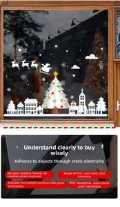 Detail showing PVC static cling window stickers with white Christmas tree and reindeer