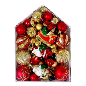 72-piece red and gold Christmas ball set with Santa figurines in house-shaped box