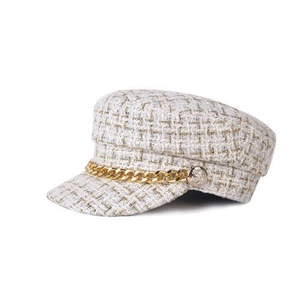 Elegant cream tweed newsboy cap for women featuring a gold metallic chain and buttons