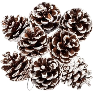 Natural pine cones with white snow spray and silver hanging strings for Christmas decor