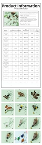 Size chart showing various insect cat toy replacement heads with dimensions in centimeters