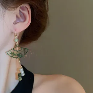 New Chinese style fan-shaped earrings with green bamboo pattern and tassels