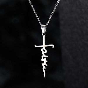 Faith Letter Cross Pendant Necklace Stainless Steel Polished Hip Hop Religious Jewelry For Women Men