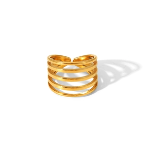 Detail view of five-layer gold stainless steel open ring with a geometric irregular design