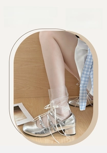 Detail of silver metallic Mary Jane shoes with triple straps and chunky heels