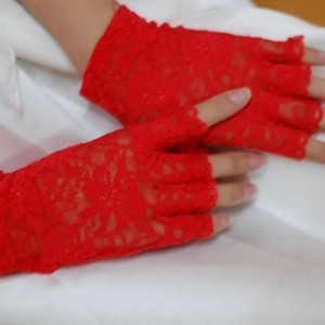 Elegant red lace fingerless gloves for weddings, featuring a romantic floral pattern design