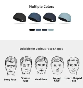 Detail of adjustable denim brimless caps in four colors and facial shape matching guide