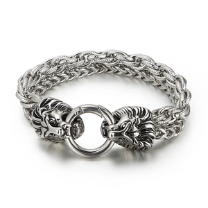 Men's retro lion head double-layered stainless steel bracelet with wheat chain link design