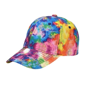 Rainbow tie-dye cotton baseball cap with curved brim and reinforced crown on white background