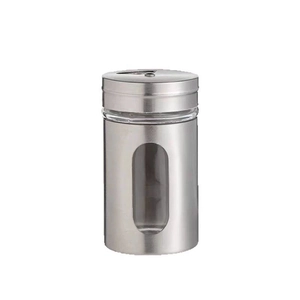 Stainless steel spice jar with visible glass window and rotating lid on white background